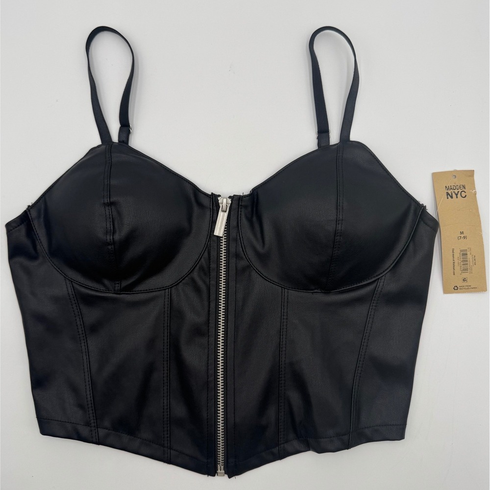 Madden NYC PU Zip Top Juniors‎ M Black Faux Leather Smocked Back Corset Goth Y2K